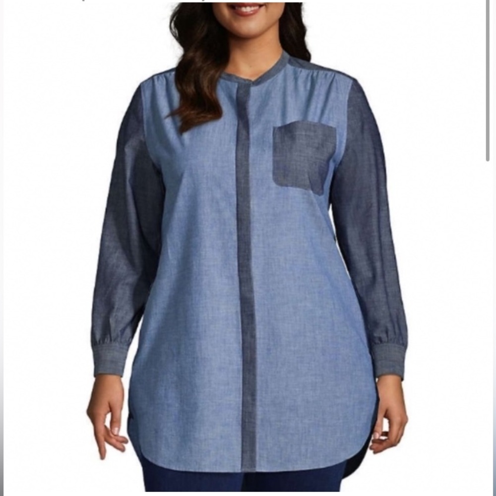 LANDSEND Women’s Plus Long Sleeve Breathable 100% Cotton Chambray Aline Tunic